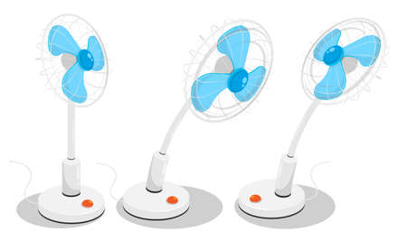 Electric fan on high stand for cooling. Maintaining comfortable room temperature. Cartoon vector isolated on white backgroundのイラスト素材