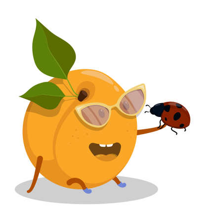 Cheerful baby apricot holds ladybug in his hand. Useful vegetables and fruits, outdoor picnic in nature. Cartoon vector character isolated on white backgroundのイラスト素材