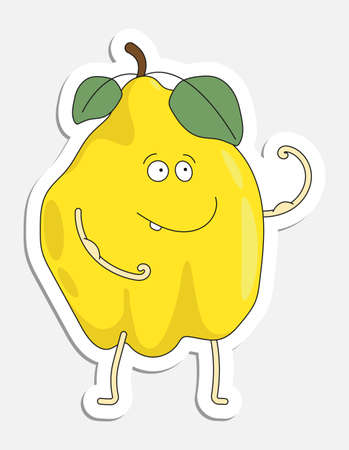 Cheerful quince shows biceps muscles on arm, fruit character in doodle style. Hand drawn cartoon icon with stroke. Cartoon vector sticker isolated on white backgroundのイラスト素材