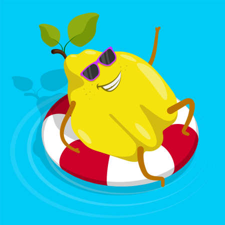 Cheerful pear, quince character in glasses swims with life buoy and waves cheerfully, says hello from vacation at seaside resort. Cartoon vector isolated on white backgroundのイラスト素材