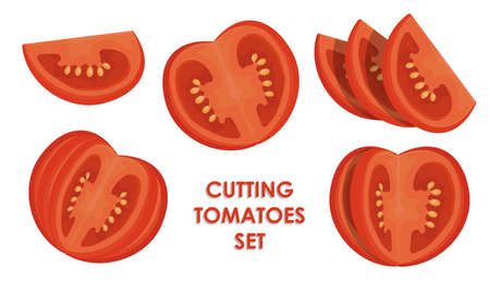 Sliced tomato set. Tomato wedges and slices, halved and thinly sliced for salads and snacks. Flat cartoon vector isolated on white backgroundのイラスト素材