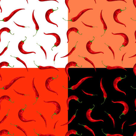 Set of seamless patterns with hot red pepper for mexican dishes. Hot chili pepper. Ornament for decoration and printing on fabric. design element. Vectorのイラスト素材