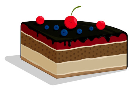 Piece of chocolate cake with dark chocolate icing. Layered pie decorated with cherries and blueberries. cartoon vector isolated on white backgroundのイラスト素材