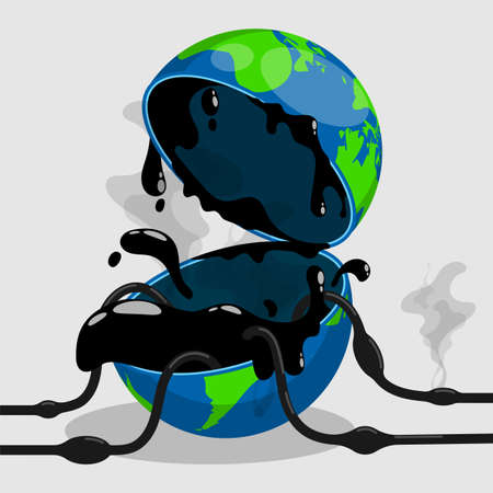 Planet Earth with oil pouring out from within. Planet covered in oil. Mining and environmental pollution. concept. cartoon vectorのイラスト素材