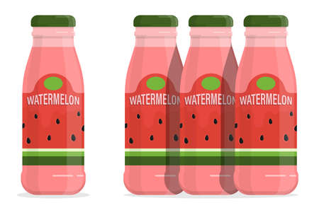 Plastic or glass bottle with watermelon cocktail. Bottle of watermelon juice with cap and label. Flat cartoon vector isolated on white backgroundのイラスト素材