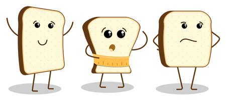 Set of characters, funny pieces of bread in wounded expression. Cheerful, surprised and puzzled character. Flat vector isolated on white backgroundのイラスト素材
