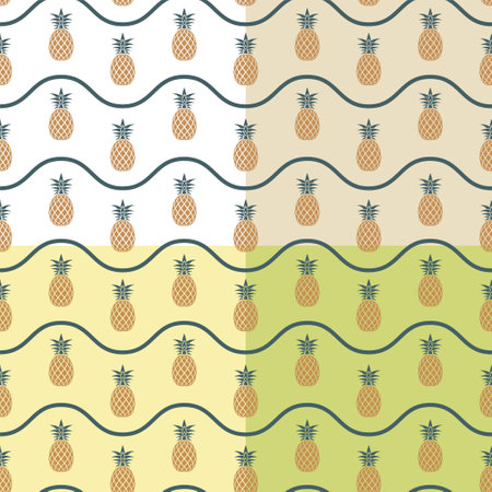 Set of seamless patterns with juicy pineapple and wave lines. Harvesting tropical fruits. Ornament for decoration and printing on fabric. design element. vectorのイラスト素材