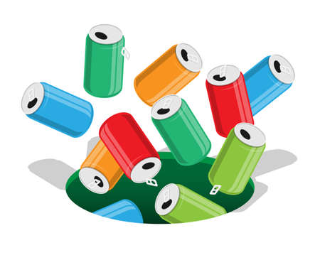 Used aluminum cans fall into recycle bin. Container for separating garbage. Caring for environment, processing raw materials. Vector on white backgroundのイラスト素材