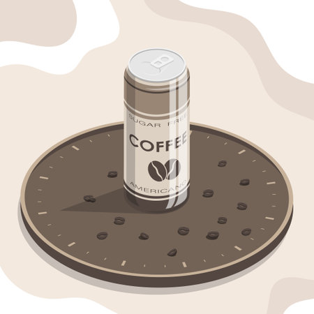 Aluminum can with strong, invigorating coffee on clock shaped tray. Energy drink to uplift your mood and vigor. Vector. conceptのイラスト素材