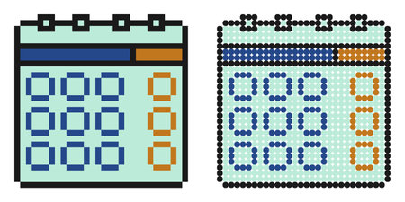 pixel icon. paper wall calendar. Marking days of week, months on calendar. Simple retro game vector isolated on white backgroundのイラスト素材