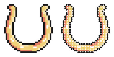 pixel icon. Metal horseshoe for horse. Symbol of good luck and happiness in culture. Simple retro game vector isolated on white backgroundのイラスト素材