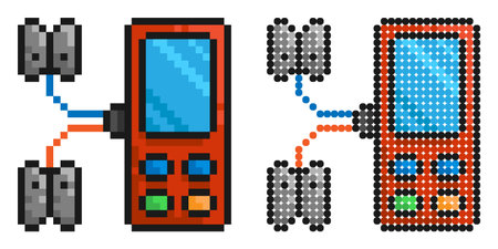 pixel icon. Digital multimeter, device for measuring current and voltage in electrical circuit. Simple retro game vector isolated on white backgroundのイラスト素材
