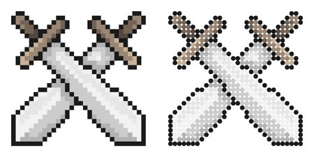 pixel icon. Pair of crossed knight swords. Tournament, beginning of medieval duel. Simple retro game vector isolated on white backgroundのイラスト素材