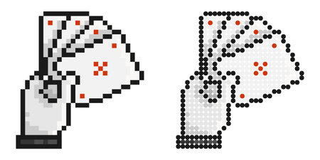 pixel icon. Hand holding playing cards. Professional gambling poker in casino. Simple retro game vector isolated on white backgroundのイラスト素材