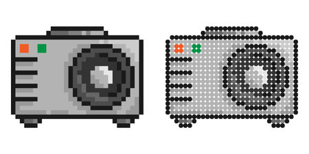 pixel icon. Cinema projector for projecting film and images onto wide screen. Equipment for home multimedia. Simple retro game vector isolated on white backgroundのイラスト素材
