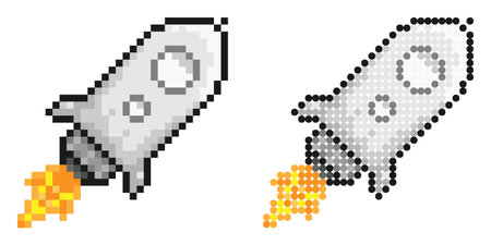 pixel icon. flying space rocket. Flights to Mars, Moon and planets of solar system. Simple retro game vector isolated on white backgroundのイラスト素材