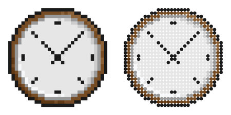 pixel icon. Wall Clock with minute and hour hands. Mechanical watch for measuring time. Countdown to for new year. Simple retro game vector isolated on white backgroundのイラスト素材