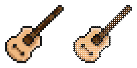 pixel icon. Classical six string guitar, musical instrument. Learning to play guitar. Simple retro game vector isolated on white backgroundのイラスト素材