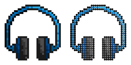 pixel icon. Wireless earphones overhead, professional musical equipment. Simple retro game vector isolated on white backgroundのイラスト素材