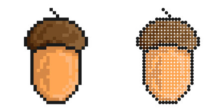 pixel icon. Acorn nut. Oak Grove. Simple retro game vector isolated on white backgroundのイラスト素材