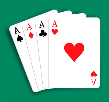 Set of 4 aces of playing cards of different suits. Diamonds, Hearts, Clubs, Spades. Combination of...