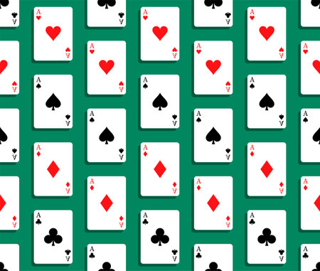 Seamless pattern with set of 4 aces of playing cards of different suits. Diamonds, Hearts, Clubs,...