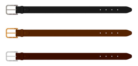 Set of men leather belts made of expensive dark leather. Men belts with metal plaques stitched and strong thread. Clothing accessories colored Vector isolated on white backgroundのイラスト素材