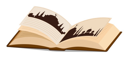 Old holy arabic book with illustrations of muslim mosque, dome and crescent symbol on top. Sacred literature, ancient text. Vector isolated on white backgroundのイラスト素材