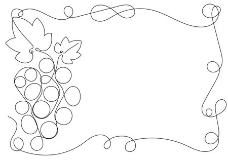 Rectangular A4 frame with bunch of grapes, leaves and tendrils for wine promo. One continuous line art. advertising card. simple flat vectorのイラスト素材