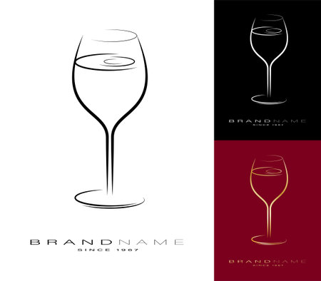Symbol, emblem with elegant crystal wine glass on high thin leg with alcoholic drink. Brand name element for alcoholic drinks. Simple black and white vector isolated on white backgroundのイラスト素材