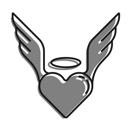 Linear filled with gray color icon. Inspired Heart Of Human In Love. Heart Symbol With Wings And Halo. Simple black and white vector Isolated On white backgroundのイラスト素材