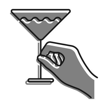 Linear filled with gray color icon. Female Hand Holding Glass With Martini. Cocktails, Alcoholic Drinks, For Menu Of Cafe, Restaurant. Simple black and white vector Isolated On White Baのイラスト素材