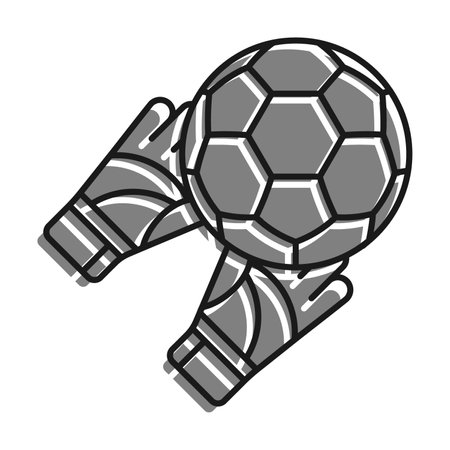 Linear filled with gray color icon. Goalkeeper Gloved Hands Catch Flying Soccer Ball. Football Goalie Gear To Protect Football Goals. Simple black and white vector Isolated On White Bacのイラスト素材