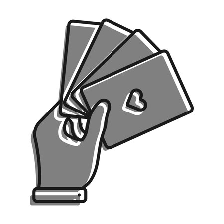 Linear filled with gray color icon. Hand Holds Playing Cards. Professional Gambling Poker In Casino. Simple black and white vector Isolated On white backgroundのイラスト素材