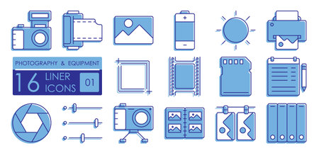 Set of color filled linear icons. Equipment for photography and film processing. Printing of finished photos. Camera, film, memory card, lensのイラスト素材