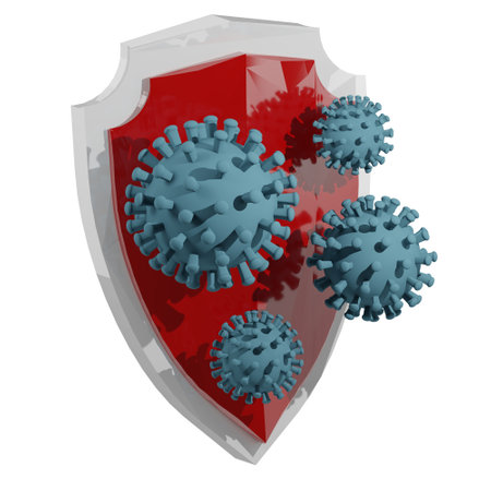 3D rendering of red crystal viruses and bacteria attack strong shield. Prevention of infection with dangerous diseases. Realistic PNG illustration isolated on transparent backgroundの写真素材