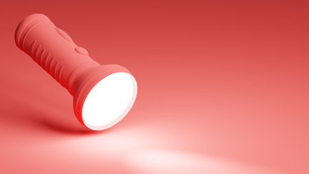 3D rendering of pink battery operated matte camping torch, lighting flashlight. Gear and equipment for hiking and travel. Realistic illustration on pastel pink backgroundの写真素材