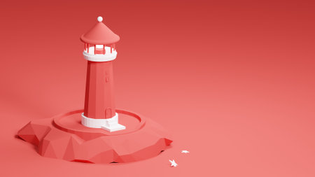 3D rendering of lighthouse on rock with burning searchlight to indicate landmark for ships. Navigation difficult area. Realistic illustration on pastel pink backgroundの写真素材