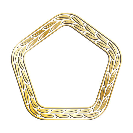 Golden LEAVES pentagonal frames for decorative headers. Gold metal floral ornaments isolated on white background. Vectorのイラスト素材