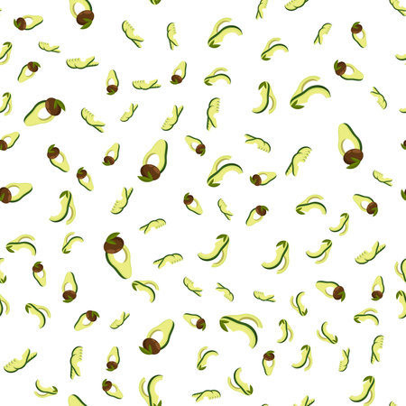 Avocado cutting exotic fruit seamless pattern. Avocado wedges and slices, halved and thinly sliced for salads and snacks. Vector ornament for the design of posters and printing on fabricsのイラスト素材