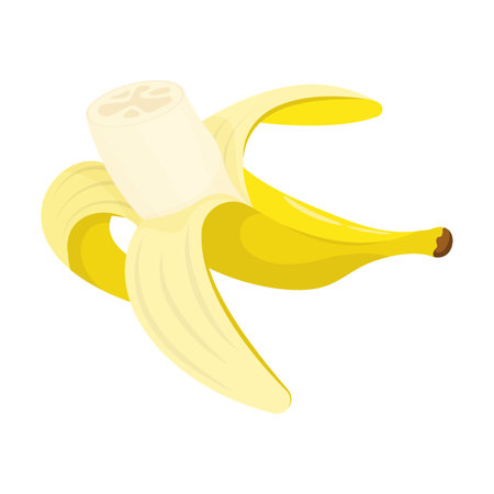 Peeled yellow banana with bitten off part of fruit. Harvesting tropical fruits. Healthy fruit in cartoon style isolated on white backgroundのイラスト素材