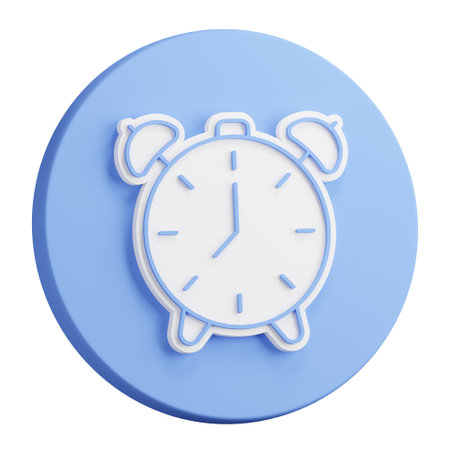 3D rendering of alarm clock circle plastic icon. Mechanical watch for measuring time. Realistic blue white PNG illustration isolated on transparent backgroundの写真素材