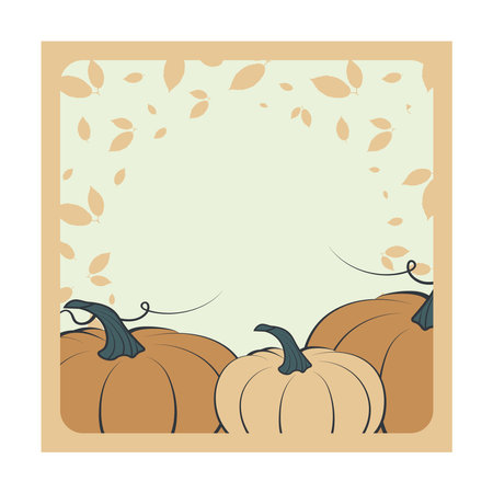 Square Print template invitation card for Halloween celebration with orange pumpkin fruit. Beige shades. Frames with leaves and pumpkin. Festive vectorのイラスト素材