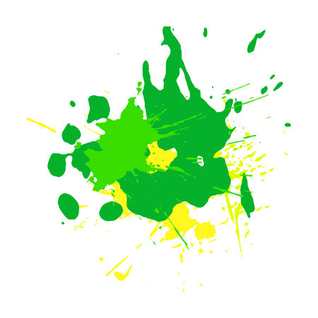 Dropped colored blots and dots of paint splatter. Bright juicy green watercolor and acrylic splashes on white paper. Paint drops, brush strokes for decoration. Isolated vector on white backgroundのイラスト素材