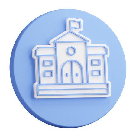 3D rendering of Facade of school house. Exterior of university building. Realistic blue white PNG illustration isolated on transparent backgroundの写真素材