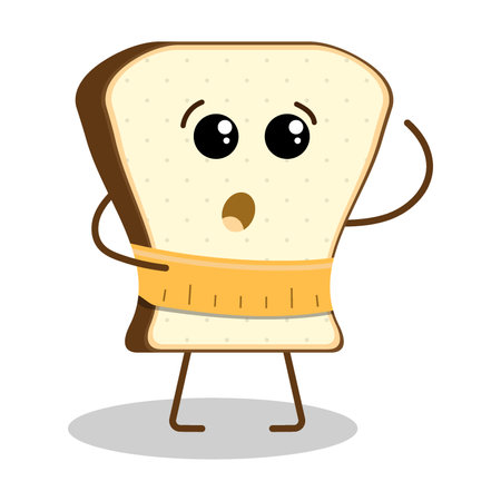 Funny piece of bread character with surprised face expression measuring waist with measuring tape. Diet and proper nutrition, adherence to daily diet. Flat vector isolated on white backgroundのイラスト素材