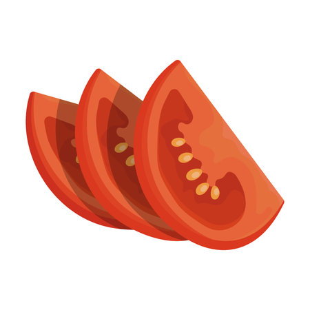 Slices of tomato. Tomato wedges and slices, halved and thinly sliced for salads and snacks. Flat cartoon vector isolated on white backのイラスト素材