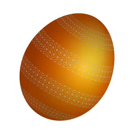 Festive holiday Easter egg. Realistic mother of pearl shiny egg decorated with rich bronze orange ornament. Realistic 3d vector isolated on white backgroundのイラスト素材