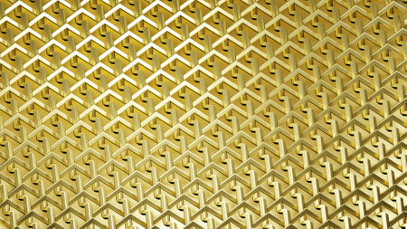 3D rendering of golden geometric mesh with interweaving of precious threads. Industrial golden...
