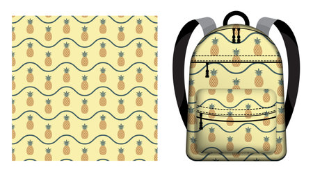 Children school backpack decorated seamless pattern with juicy pineapple and wave lines. Harvesting tropical fruits. Vector ornament for design of posters and printing on textileのイラスト素材